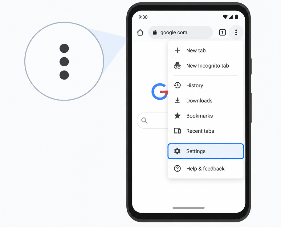 Chrome’s three-dot menu with Settings highlighted
