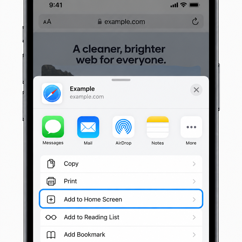 The Safari share sheet with “Add to Home Screen” highlighted